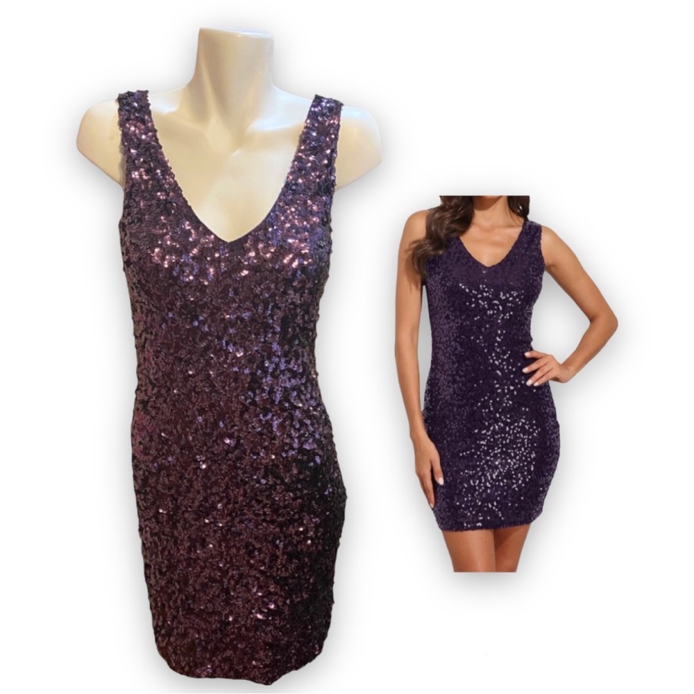 Cache Sequin Mini Dress Purple Size 8 Sleeveless V-Neck Bodycon Cocktail Party